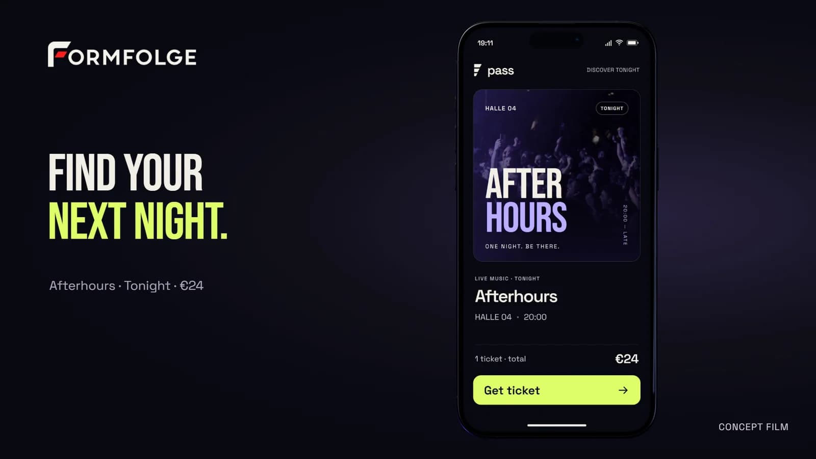 PASS ticketing app on a phone beside the message Find your next night.