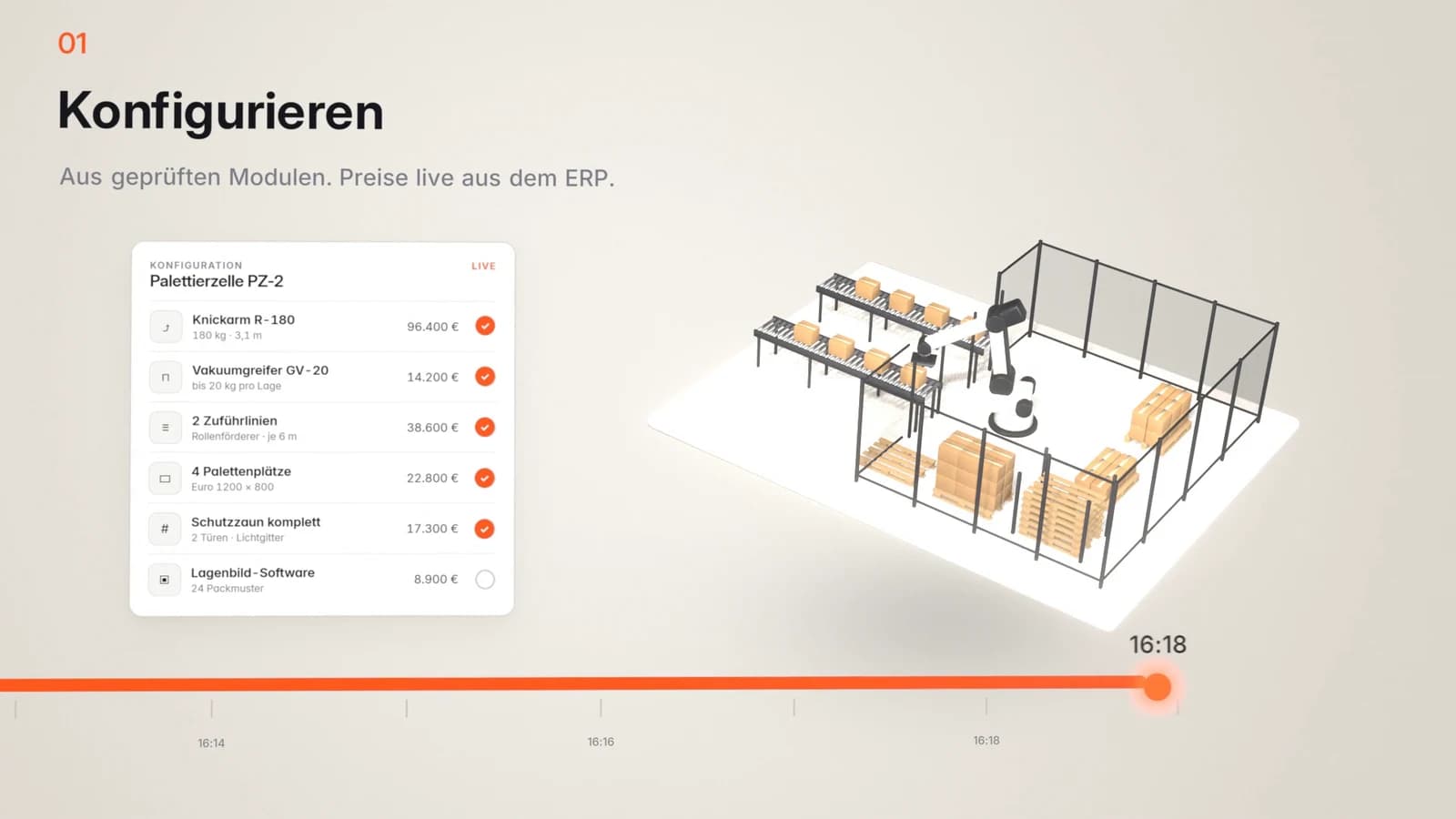 An assembled robot cell with conveyors, pallets and a configuration panel in the VORN software concept.