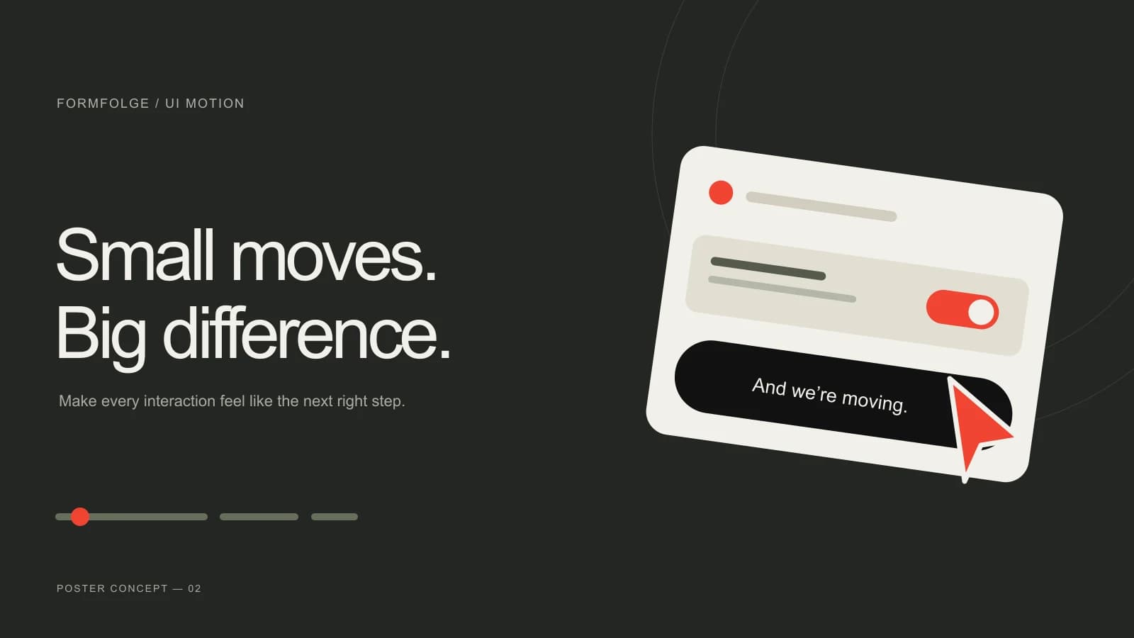 A dark composition of a pointer, a rounded interface panel and a red action button.