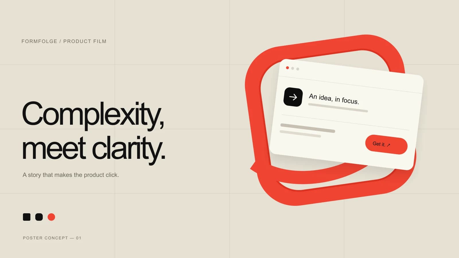 A cream composition with red intersecting frames and the words Complexity, meet clarity.