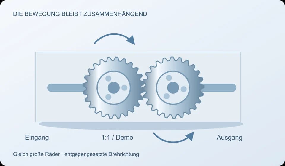 Schematisches gleich großes Zahnradpaar mit Eingang, Ausgang und Pfeilen für entgegengesetzte Drehrichtungen